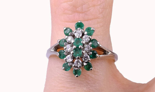 Modern American 14k White gold, Diamond, and Clustered Emerald Ring, Sz 4.25