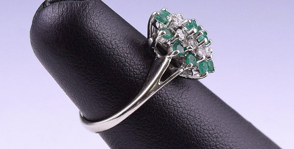 Modern American 14k White gold, Diamond, and Clustered Emerald Ring, Sz 4.25