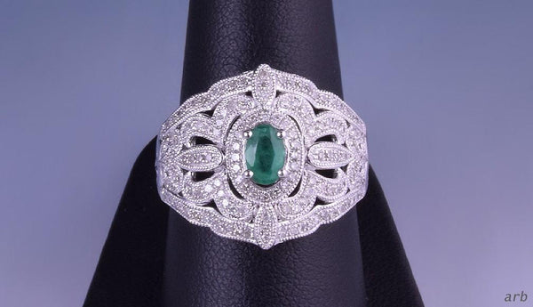 Stunning Chinese Sterling Silver Ring Set w/ Diamonds and Emerald, Sz 8.25