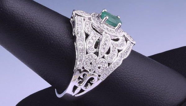 Stunning Chinese Sterling Silver Ring Set w/ Diamonds and Emerald, Sz 8.25