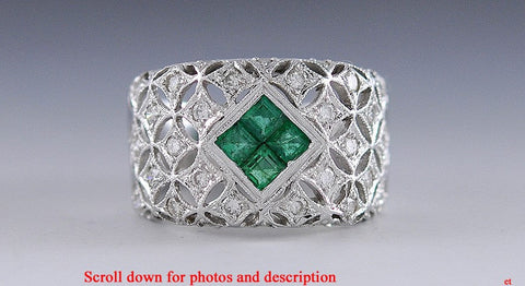Stunning Diamond & Emerald 18K White Gold Filigree Ring