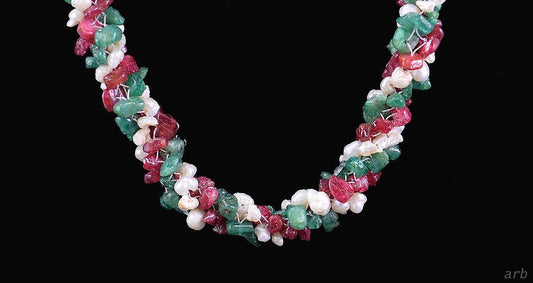 Lovely 1920s/30s Twisted Emerald/Ruby/Pearl Gemstone Necklace, Likely of India
