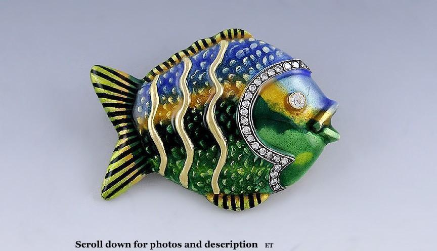 Heavy 18k Gold & Diamond Colorful Enamel Fish Brooch