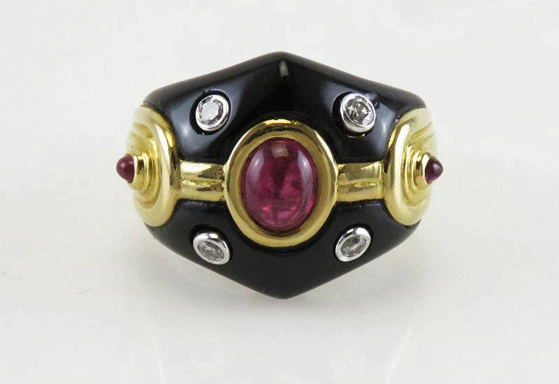 Retro Style 18K Gold Onyx Pink Tourmaline Gemstone & Diamond Statement Ring