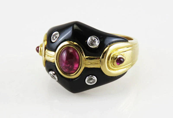 Retro Style 18K Gold Onyx Pink Tourmaline Gemstone & Diamond Statement Ring