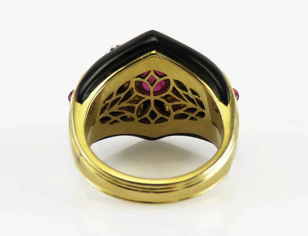 Retro Style 18K Gold Onyx Pink Tourmaline Gemstone & Diamond Statement Ring