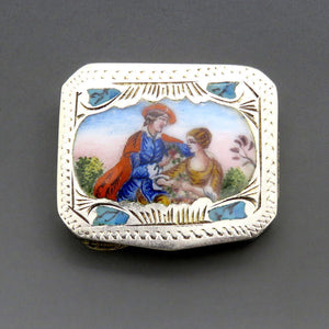 Charming VTG Italian 800 Silver Engraved Courting Scene Couple Snuff Trinket Box