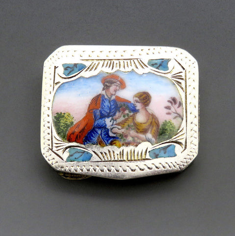 Charming VTG Italian 800 Silver Engraved Courting Scene Couple Snuff Trinket Box