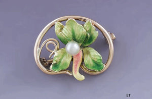 c1900 Art Nouveau Enameled 14K Gold Pearl Orchid Flower Pin Brooch