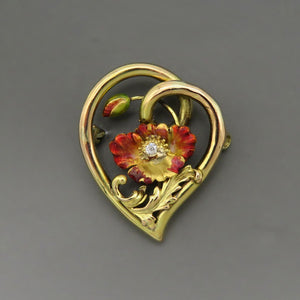 Antique c1890s 14K Yellow Gold Diamond Red Enamel Flower Heart Pin Brooch