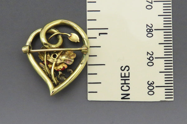 Antique c1890s 14K Yellow Gold Diamond Red Enamel Flower Heart Pin Brooch