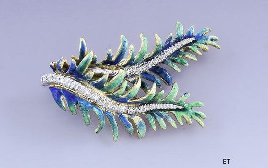 Vibrant 18k Gold Blue & Green Enamel Diamond Leaf Pin / Brooch