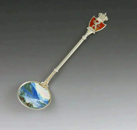 Vintage Silver Enamel Fjord Lion Shield Lake Loen Norway Souvenir Spoon Andersen