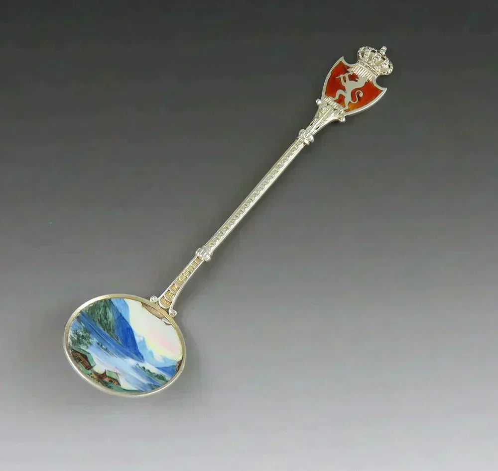 Vintage Silver Enamel Fjord Lion Shield Lake Loen Norway Souvenir Spoon Andersen