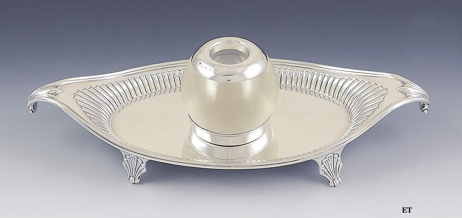Antique Victorian 1885 English Sterling Silver Glass Inkwell Footed Tray