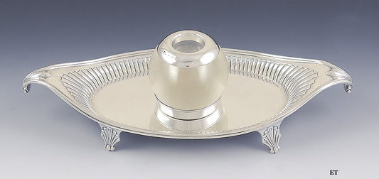 Antique Victorian 1885 English Sterling Silver Glass Inkwell Footed Tray