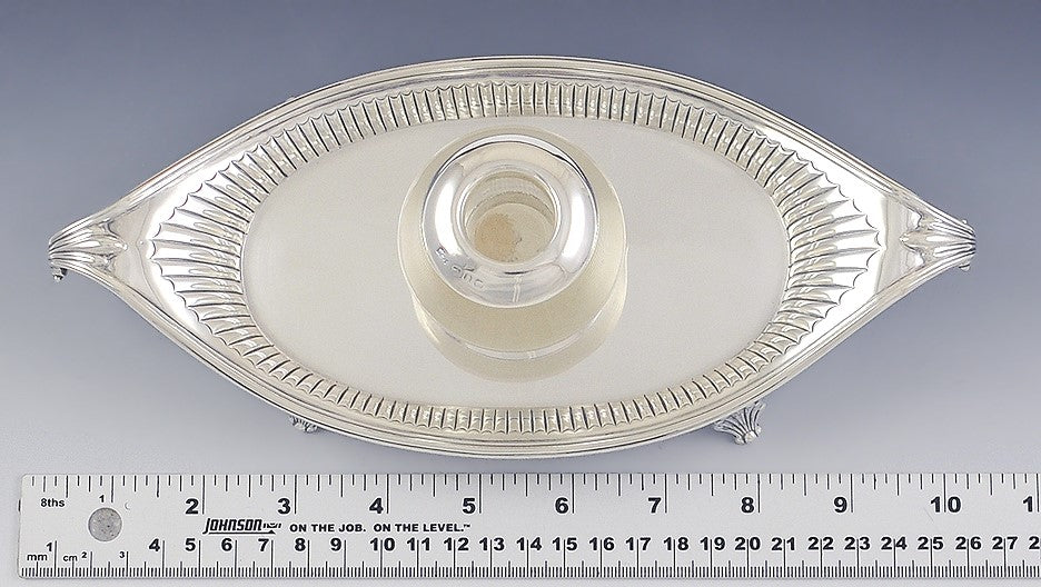 Antique Victorian 1885 English Sterling Silver Glass Inkwell Footed Tray
