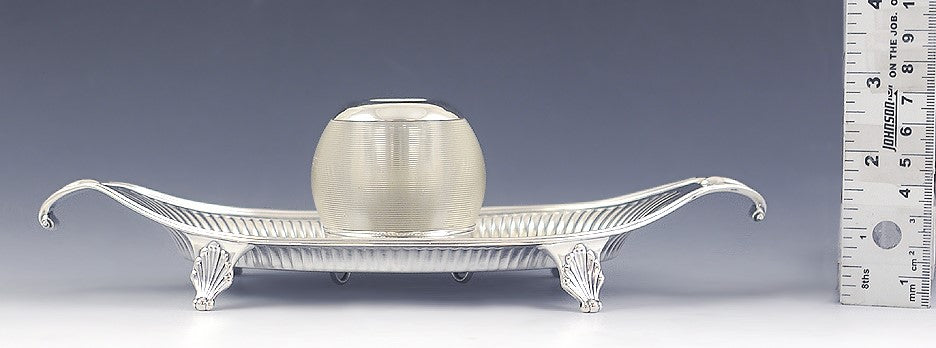 Antique Victorian 1885 English Sterling Silver Glass Inkwell Footed Tray