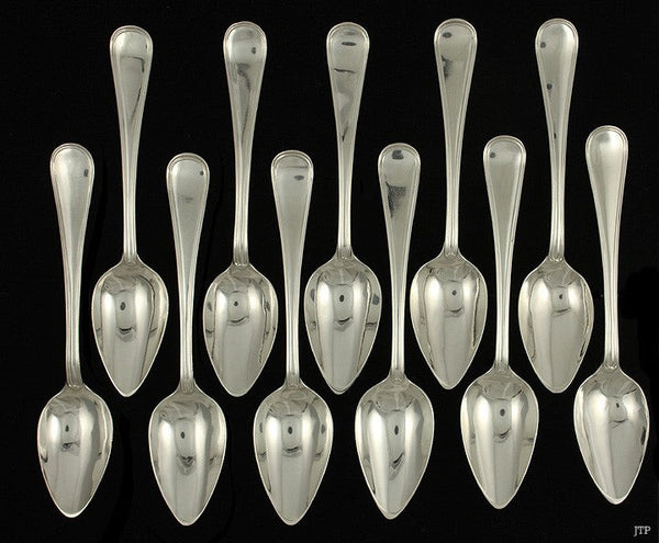 11 Antique c1870 Dutch Silver Threaded Dessert Soup Spoons 7 1/4"