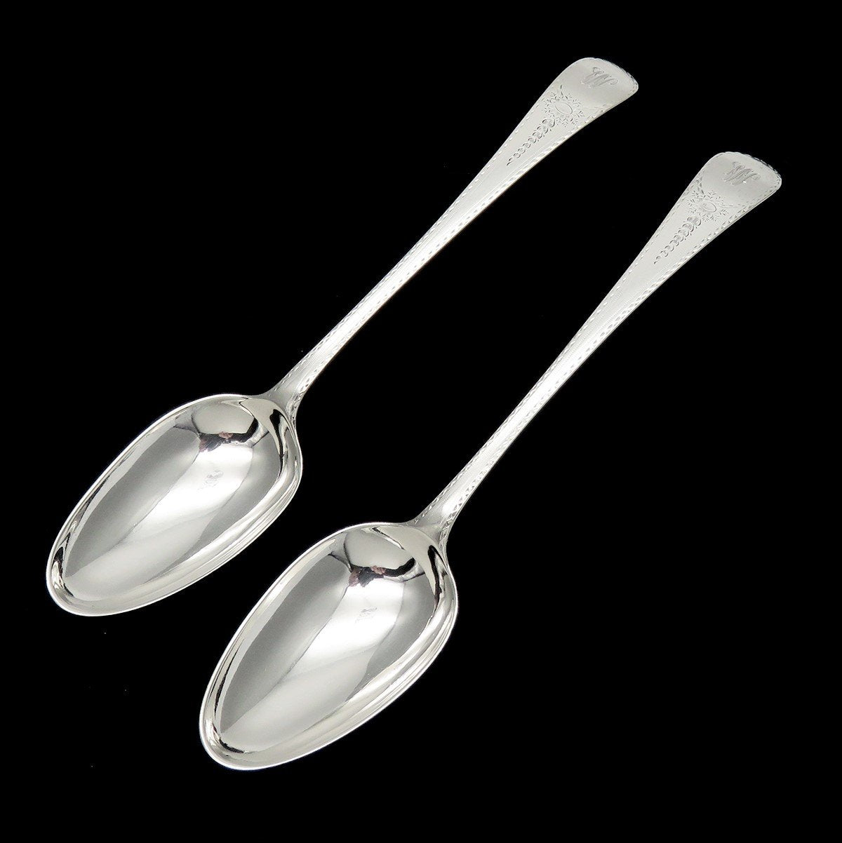 1783 Antique English Sterling Silver Serving Spoon Pair W Monogram 8 1/2 inches
