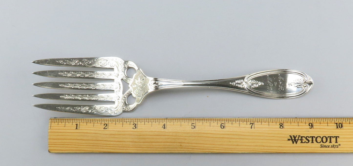 c1850 Farrington & Hunnewell Coin Silver Serving Fork Floral Engravings 9 1/4"