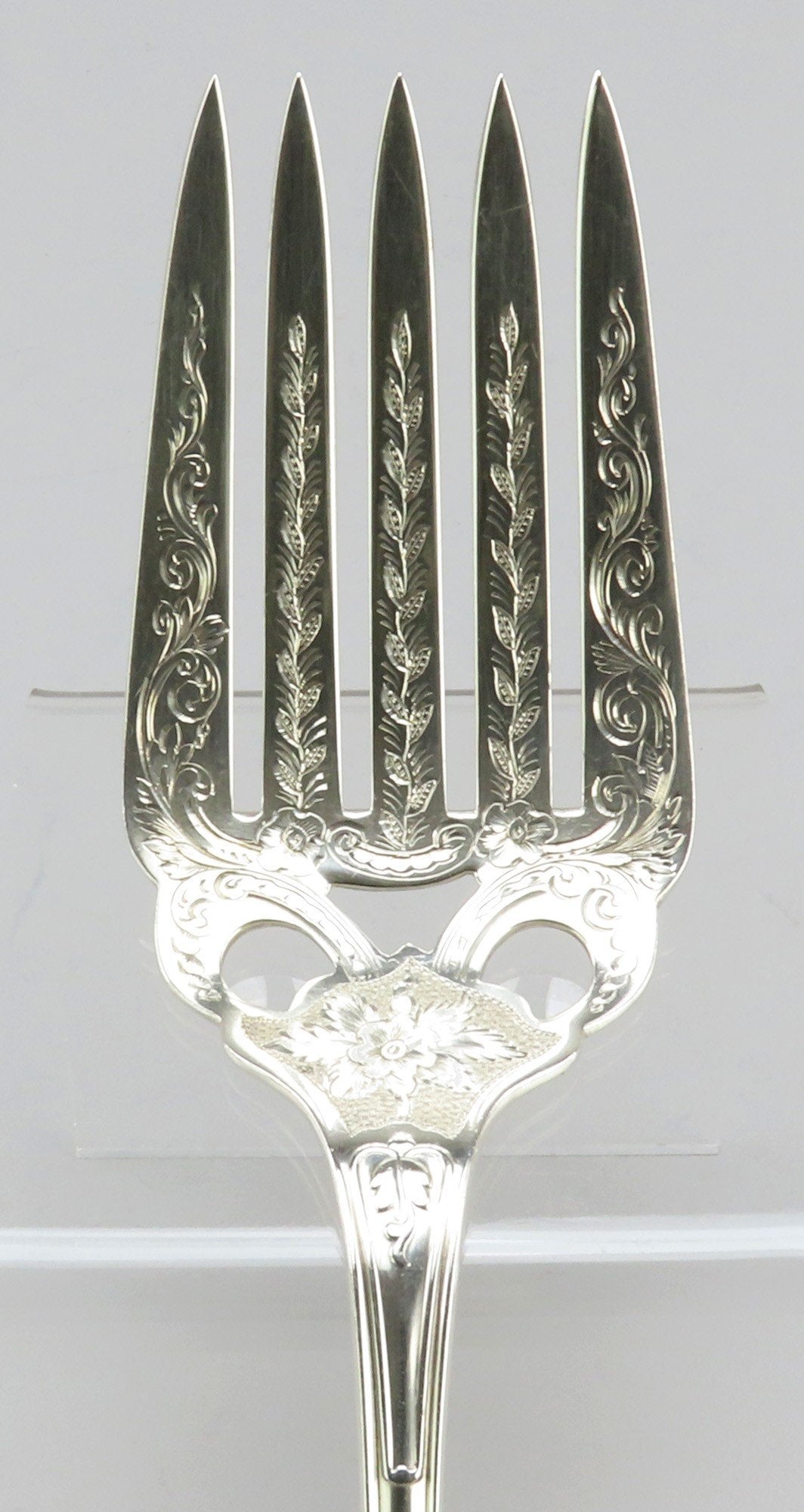 c1850 Farrington & Hunnewell Coin Silver Serving Fork Floral Engravings 9 1/4"