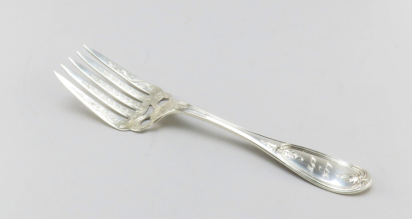 c1850 Farrington & Hunnewell Coin Silver Serving Fork Floral Engravings 9 1/4"