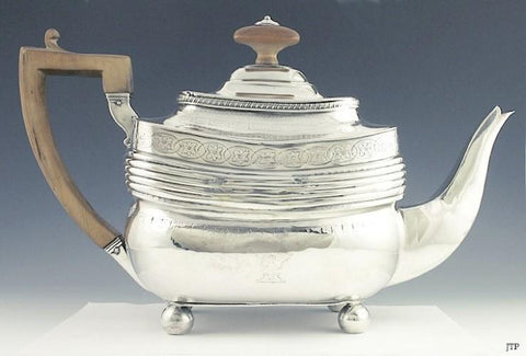 Antique 1813 English Georgian Sterling Silver Wood Stout Teapot