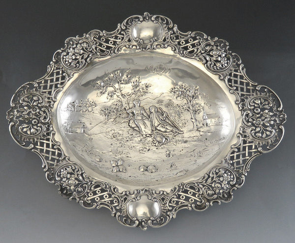 Antique 19th Century Hanau Germany Silver Courting Scene Centerpiece Bowl 14X11