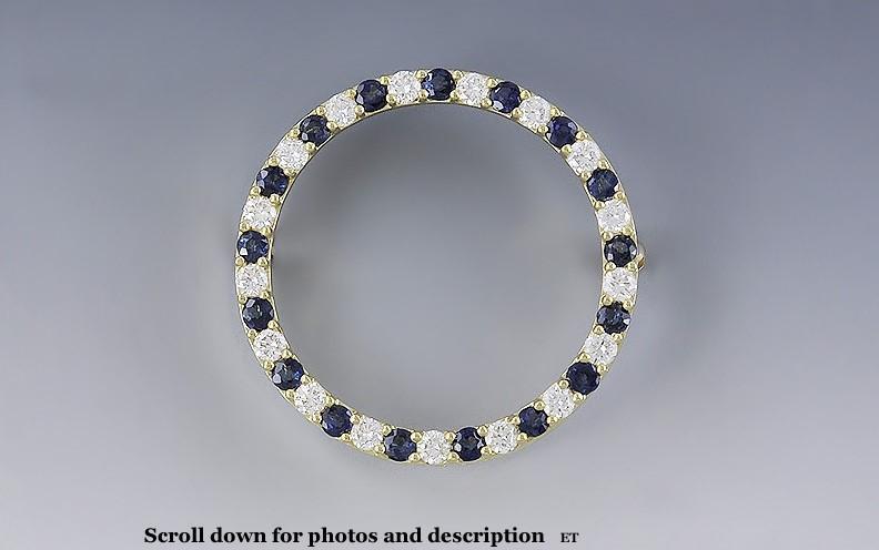 Fabulous 18K Gold ~1.02ct Diamond & ~1.02ct Sapphire Circle Brooch / Pin