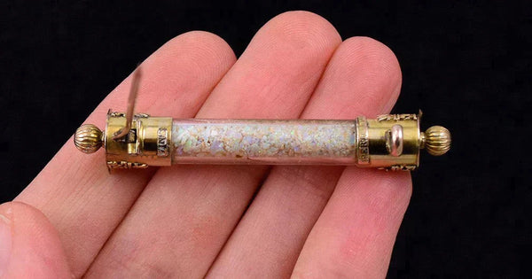 Dazzling Antique 9k Yellow Gold Pin w/ Opal Pieces in Glass Vial