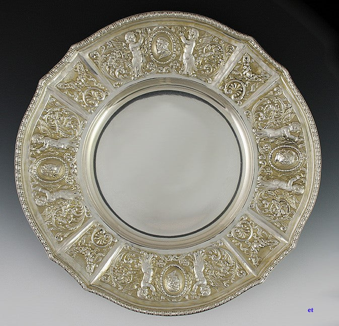 Antique c1900 European Silver Gold Wash Gilt Medallion Plate Charger 8 1/2"