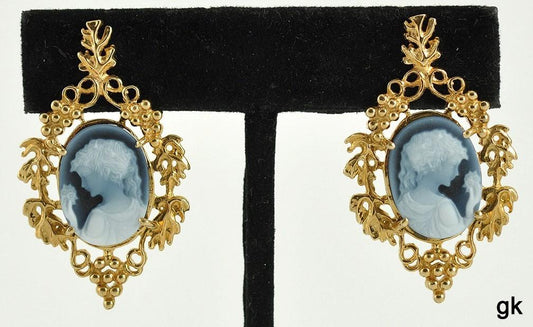 Kabana 14k Yellow Gold Glass Cameo Earrings Woman w/ Flowers, Grape Vines