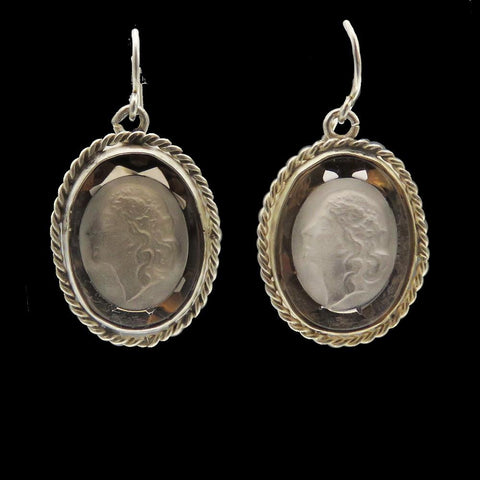 Pretty Carved Smokey Quartz Cameo and Sterling Silver Earrings