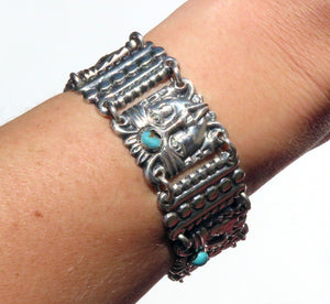 Fab VTG Mexico Sterling Silver Turquoise Aztec Inca Mask Wide Bracelet