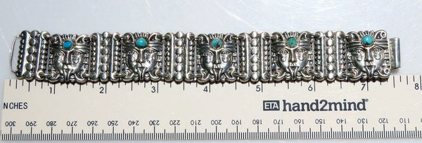 Fab VTG Mexico Sterling Silver Turquoise Aztec Inca Mask Wide Bracelet