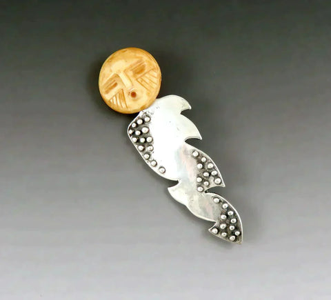 Unique Sterling Silver Carved Moon Face Man Tribal Brooch Pin