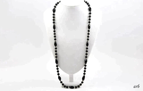 Elegant 31" Necklace of 14k Yellow Gold and Black Onyx Stone Beads No Clasp