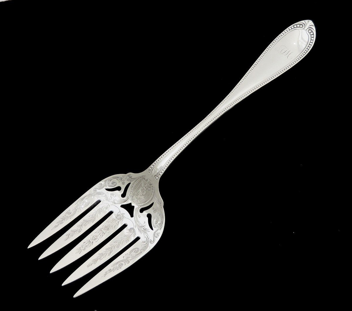 c1860 Fabulous Sterling Silver Serving Fork Hand Engraved Tines 11 5/8 Inches