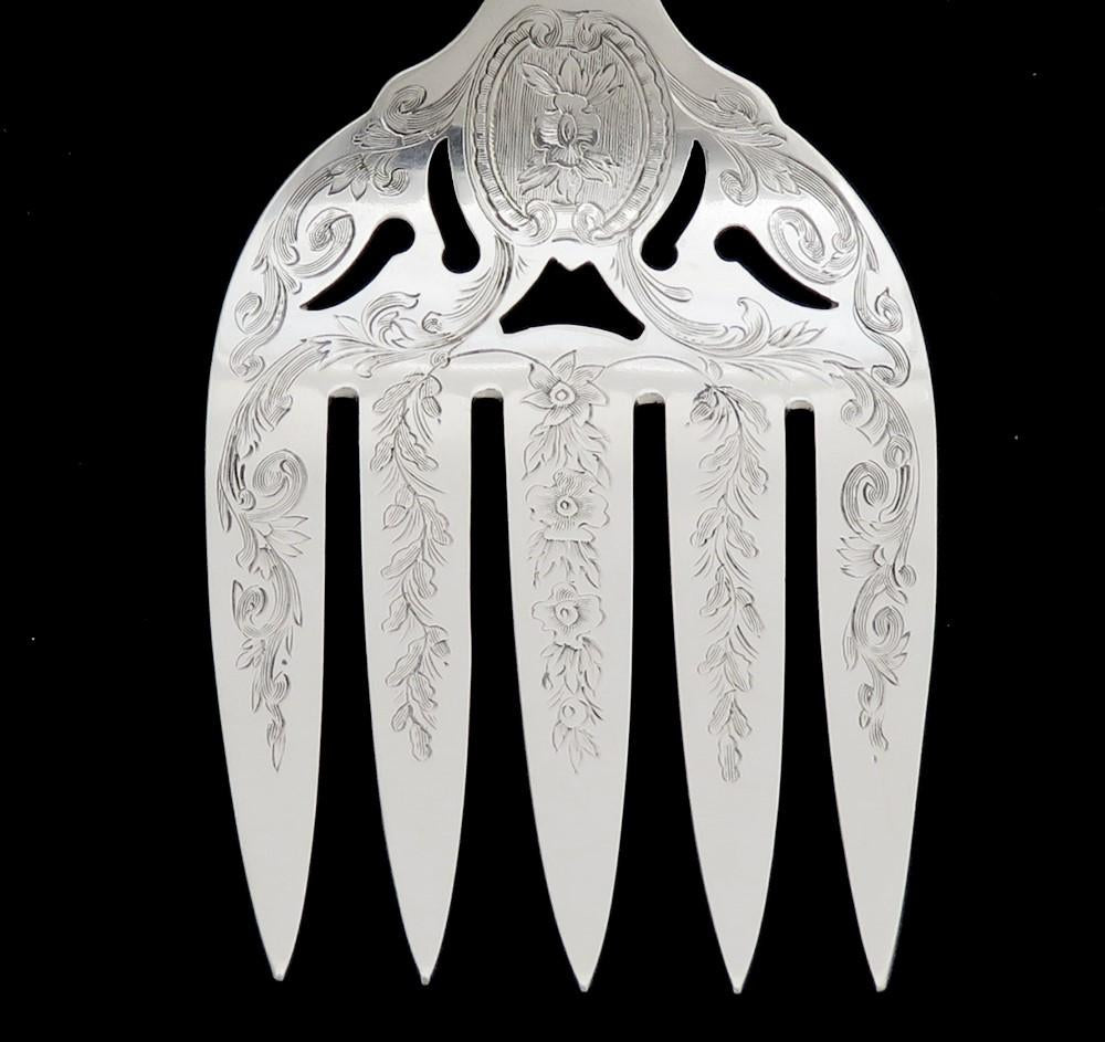 c1860 Fabulous Sterling Silver Serving Fork Hand Engraved Tines 11 5/8 Inches