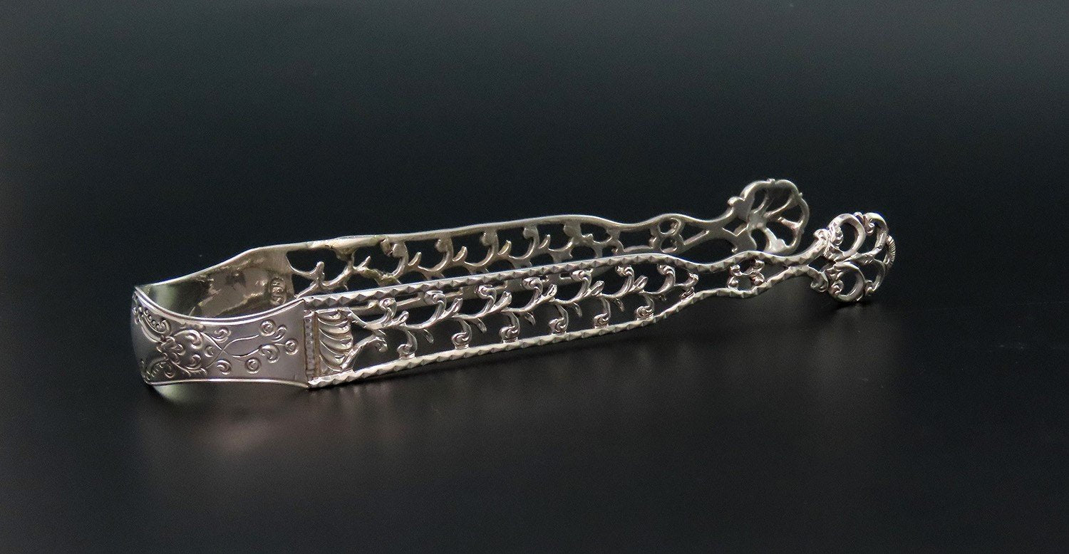 1770s English Sterling Silver Pierced Sugar Tongs No Mono 5 1/2 Inches