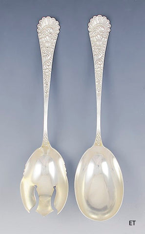 Antique 1890s Art Nouveau American Sterling Silver Salad Fork Spoon Serving Set