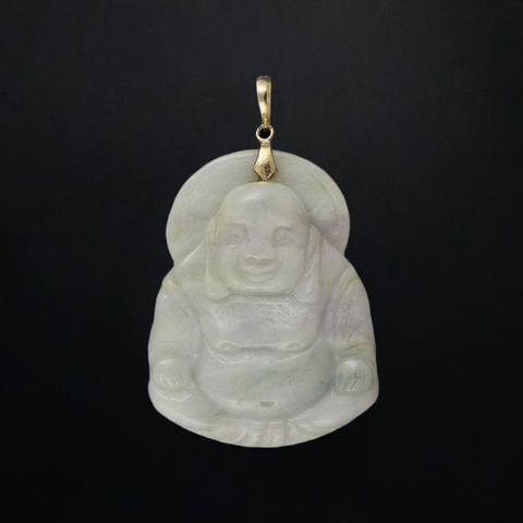 Serene Large Carved Jadeite Jade 14k Yellow Gold Buddha Pendant