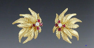 High Quality 18k Gold Diamond & Ruby Modern Leaf Earrings