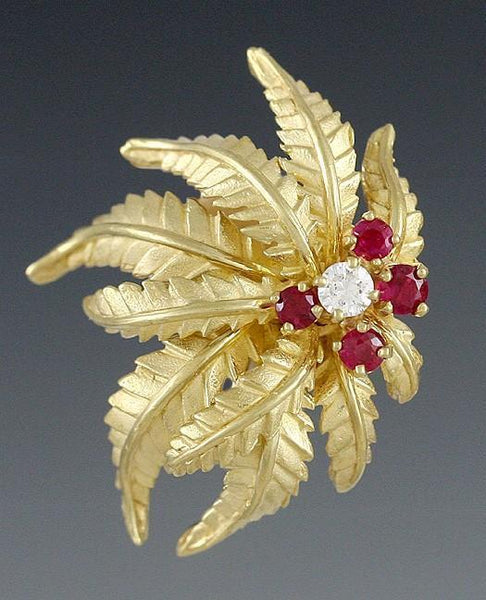 High Quality 18k Gold Diamond & Ruby Modern Leaf Earrings