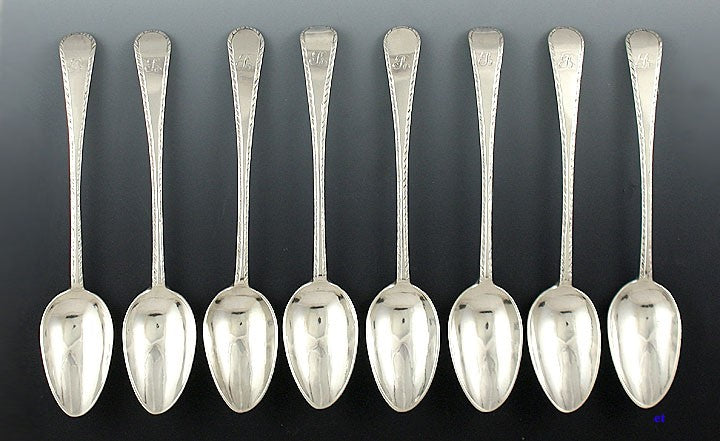8 c1760-80s Colonial Coin Silver Feathered/Reeded Edge Teaspoons American