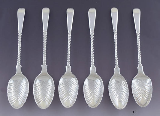 Superb Set 6 English Victorian/Georgian Sterling Silver Twist Feather Teaspoons