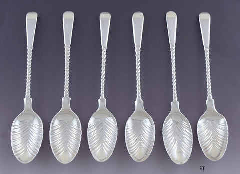 Superb Set 6 English Victorian/Georgian Sterling Silver Twist Feather Teaspoons