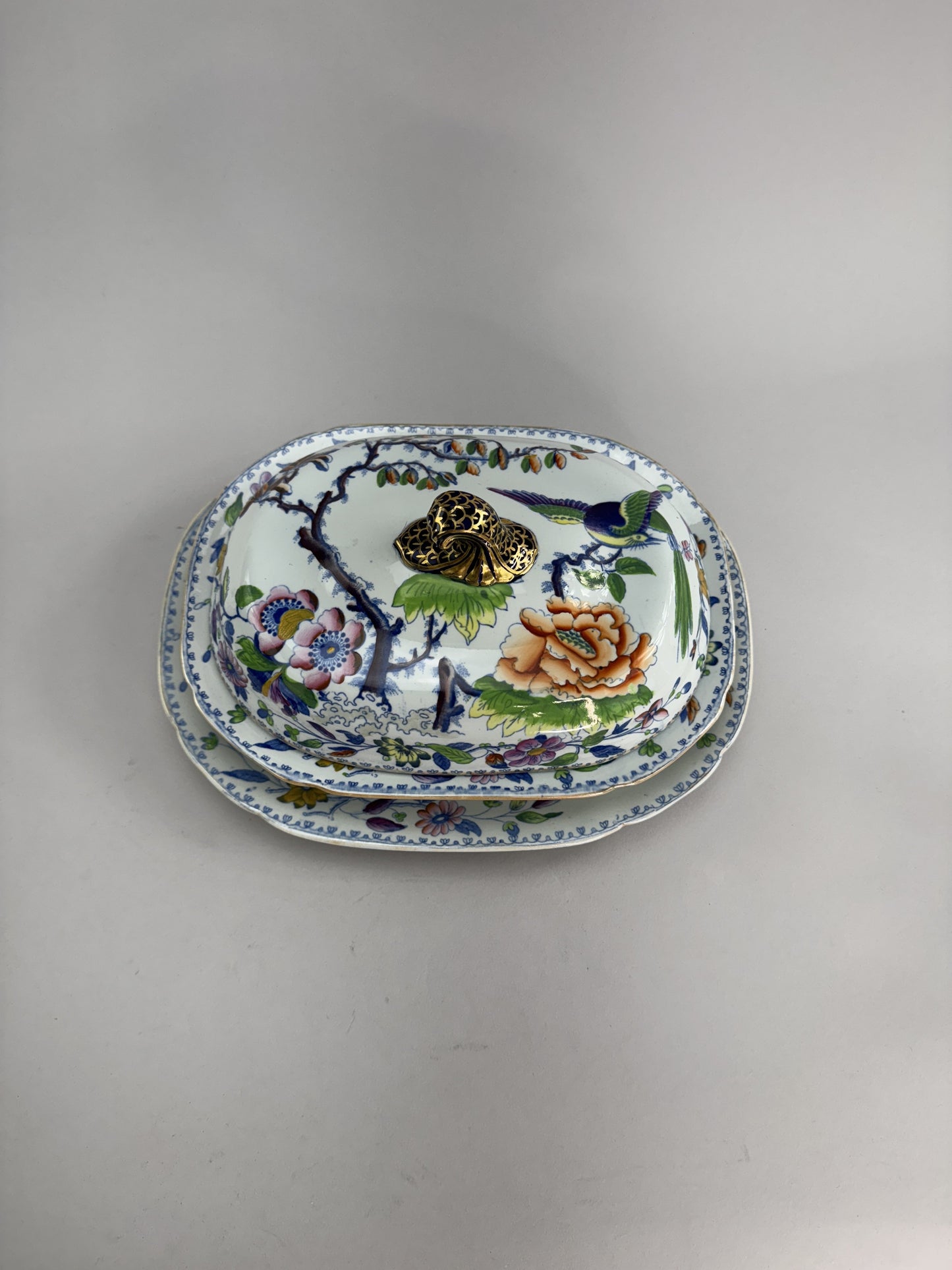Davenport Stone China Flying Bird Pattern Covered Entree c1810