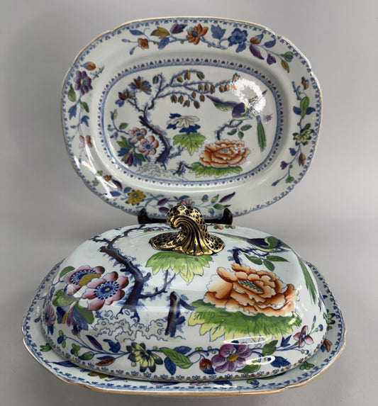 Davenport Stone China Flying Bird Pattern Covered Entree c1810